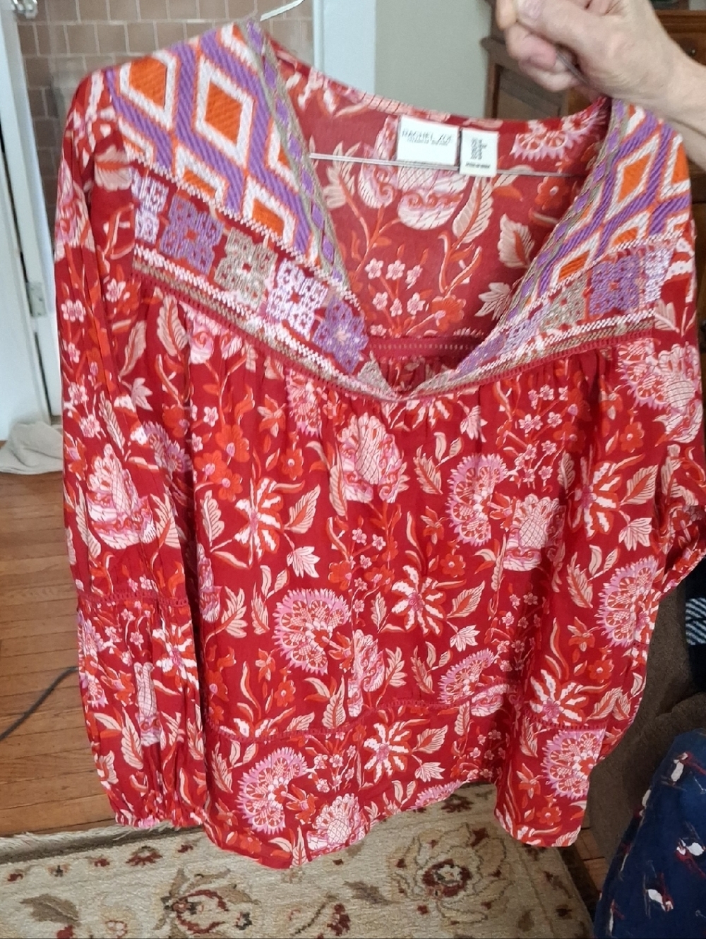 RACHEL ZOE Red Floral Boho Embroidered V-Neck Blouse